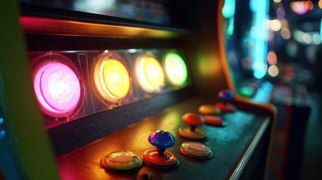 joystick. Arcade corner with glowing neon lights and illuminated buttons in dark setting. tutorial guides, club newsletters, designed for tourism and weekend activity guides.