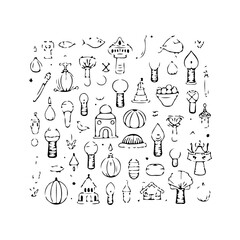 Hand-drawn sketches presenting a whimsical collection of diverse elements for artistic