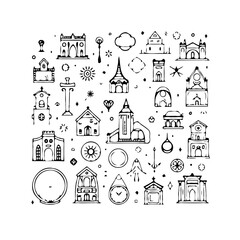 Illustrative architectural sketches of historical places with religious buildings arranged in a