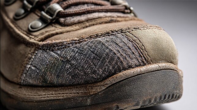 friction. Close-up of a hiking boot heel interior showing fabric wear patterns from sock friction. lifestyle magazines.