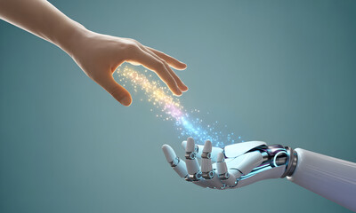 Human and robot hands reaching with sparkling lights of digital connectivity