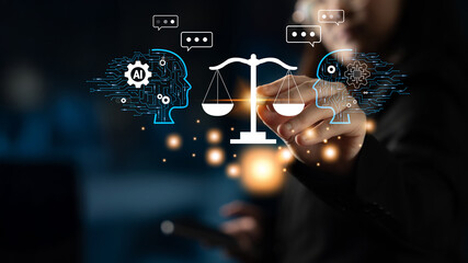 AI in law and the future of the legal justice system. A concept of AI assisting in legal debate, analysis, and decision making. Motif