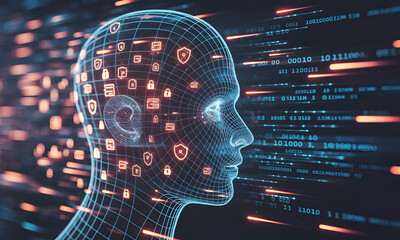 Futuristic cyber security concept with digital human head and data streams