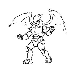 Intricate line art depicting a winged robotic warrior ready for battle in a digital realm