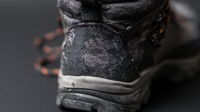 friction. Close-up of a hiking boot heel interior showing fabric wear patterns from sock friction. lifestyle magazines.