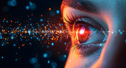 Futuristic digital eye scanning data streams with binary code technology vision