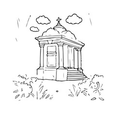 Line Art of a Mausoleum Under a Cloudy Sky Surrounded by Foliage Illustration Art