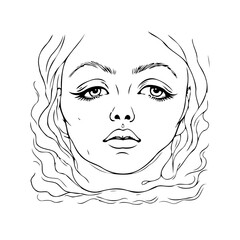Linear portrait of a serene female face with gentle features floating amidst wavy water elements
