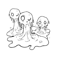 Melting monochrome characters with dripping viscous forms create a playful and slightly spooky