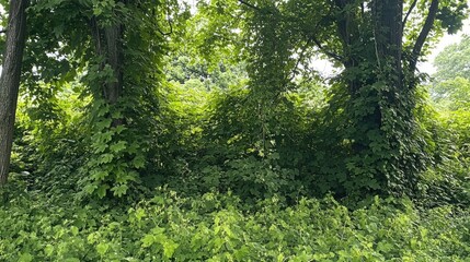 Lush overgrown forest canopy, sunlight filtering through trees, natural outdoor setting