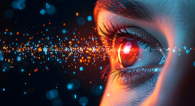 Futuristic digital eye scanning data streams with binary code technology vision - Powered by Adobe