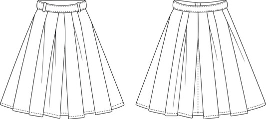 Fashion technical flat sketch of pleated midi skirt, front and back view, vector illustration for apparel design, sewing pattern, clothing template, fashion drawing