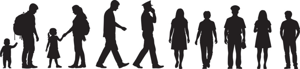 Silhouette of diverse people walking, standing, interacting, child with parent, police officer, family bond, age progression, community unity, black figures on white background