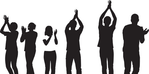 Silhouette people clapping, standing ovation, applause gesture, celebration crowd, black figures isolated, event appreciation, performance support, unity moment, audience reaction, vector art