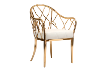 Elegant gold woven armchair with white cushion isolated on transparent background