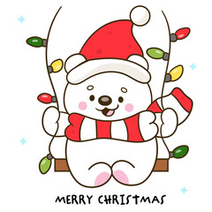 santa polar bear on light swing whimsical christmas kawaii animal winter card