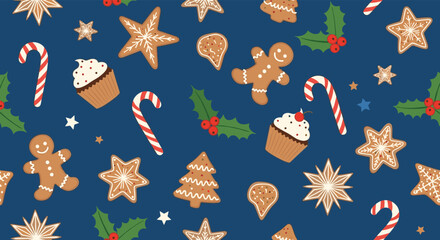 A delightful seamless pattern featuring an array of festive Christmas cookies, candy canes, cupcakes, and holly on a dark blue background.