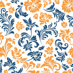 Floral Pattern with Blue and Orange Flowers on White Background. EPS Editable
