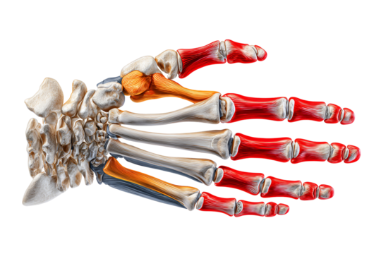 Anatomical model of a human hand skeleton isolated on transparent background