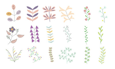 A collection of blooming flower branches and leaves for botanical decoration.