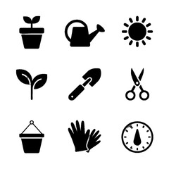Set of gardening icons including potted plant, watering can, sun, seedling, trowel, scissors, bucket, gloves, and clock