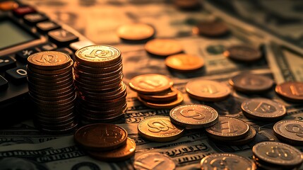 Golden Coins Stacked on Dollar Bills with Calculator in Dim Lighting, Closeup