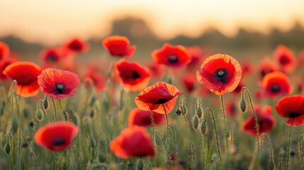 Obraz premium Red poppies in a field at sunset