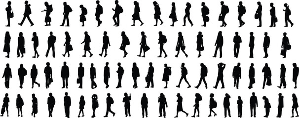 Walking silhouette people set, black human motion icons, pedestrian posture variations, urban movement illustration, side and front views, vector design