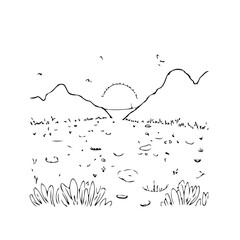 Simple hand-drawn sketch showing a vast desert landscape with mountains and rising sun conveying