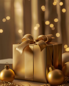 Elegant Golden Gift Boxes with Ribbon &ndash; Warm Festive Holiday Background