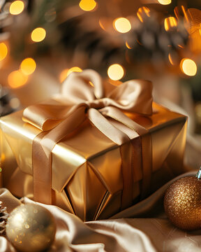 Elegant Golden Gift Boxes with Ribbon &ndash; Warm Festive Holiday Background
