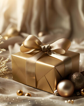 Elegant Golden Gift Boxes with Ribbon &ndash; Warm Festive Holiday Background