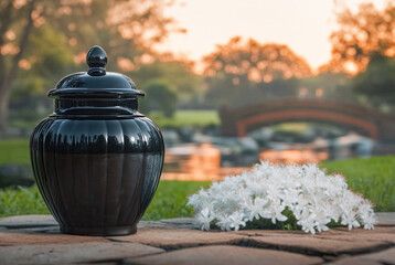 Mortuary urn with ribbon and flower on table against dark background. Dark ceramic urn placed beside soft pink rose