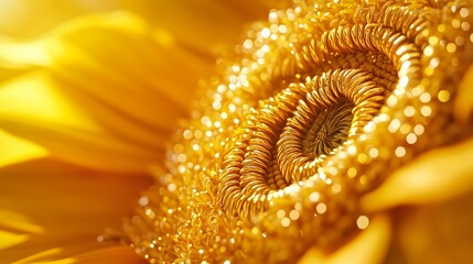 A close-up of a sunflower with its intricate center seeds spiraling outward in golden symmetry 
