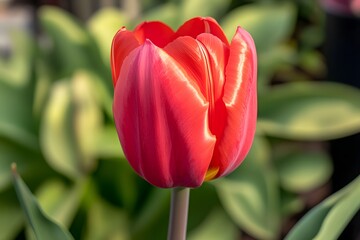 A close-up of a vibrant red tulip blooming in spring with rich green foliage in the background 

