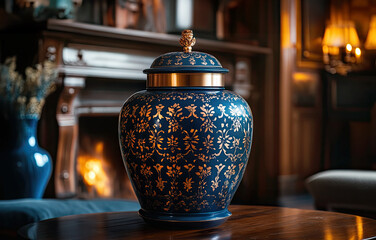 Mortuary urn with ribbon and flower on table against dark background. Dark ceramic urn placed beside soft pink rose