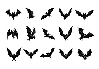 Vector silhouettes of bats in various flying poses, graphic design elements for Halloween, black shapes on white background, isolated vector set, flat design