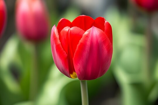 A close-up of a vibrant red tulip blooming in spring with rich green foliage in the background
- Powered by Adobe