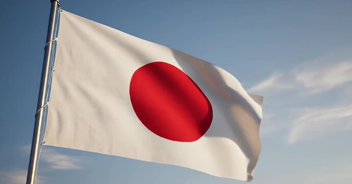 Japanese flag waving against a blue sky with light clouds.