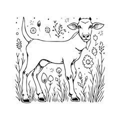Whimsical animal illustration of a stylized goat among flowers and botanical elements in a black