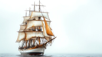 Majestic tall ship with full sails navigates the vast ocean. Sailing vessel at sea
