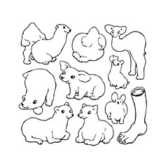 Whimsical animal outlines in black and white simple illustration playful line art for kid's
