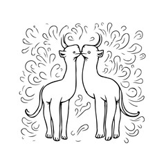 Whimsical Antelope Rendezvous A Black and White Illustration of Two Antelopes Meeting Noses in an