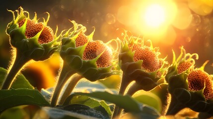 A close-up of sunflower heads turning toward the morning sun 
