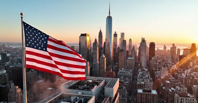 American flag waving in front of the New York City skyline at sunset.