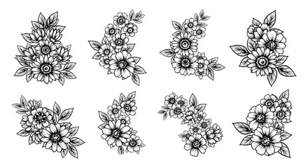 Vector floral bouquet collection, hand-drawn flower illustrations, black ink outlines, isolated on white background, detailed botanical art, top view set