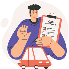Man Holding Car Insurance Document With Checklist In Front Of A Red Car Against A Light Peach And White Abstract Background
