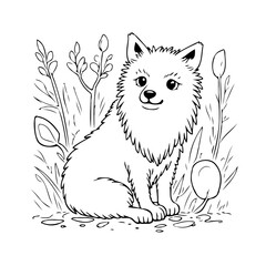 Whimsical canine illustration amidst playful flora for children's coloring activity or creative