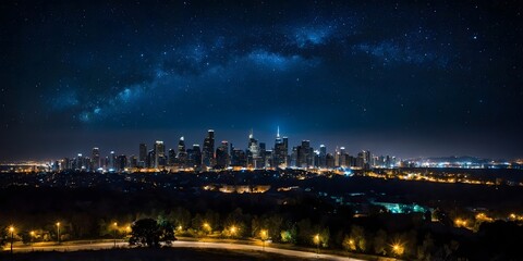 Fototapeta premium City Skyline under Milky Way Galaxy