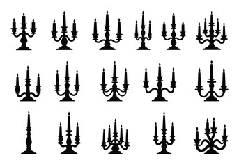 Vector collection of elegant candelabra silhouettes, various designs, isolated black candle holders, graphic illustration, studio white background, minimalistic viewpoint
